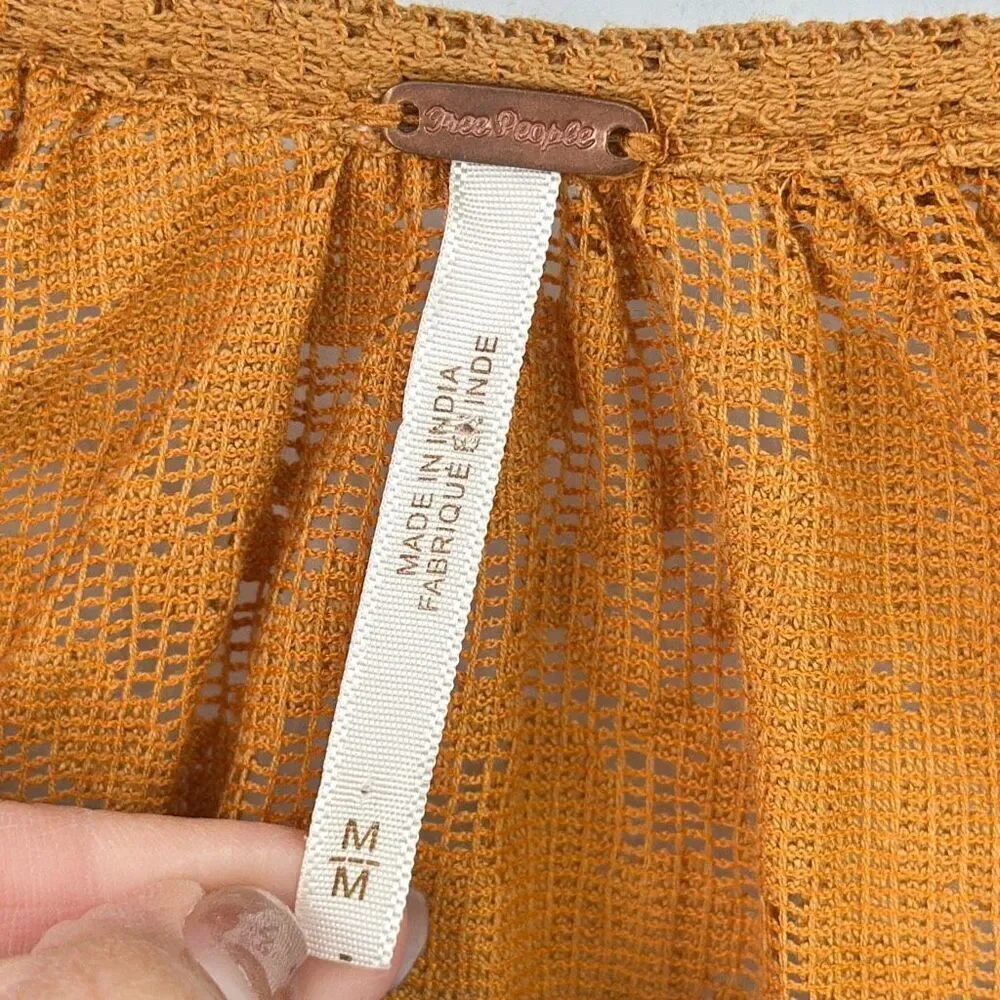 Free People Womens Rust Orange Button-Up Lace Trim Mae Top Size Medium
